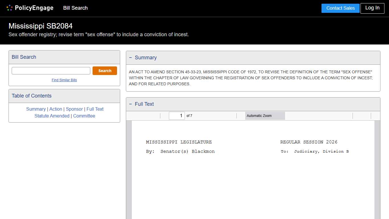 SB2084 | Mississippi 2026 | Sex offender registry; revise term "sex offense" to include a conviction of incest. - Legislative Tracking | PolicyEngage